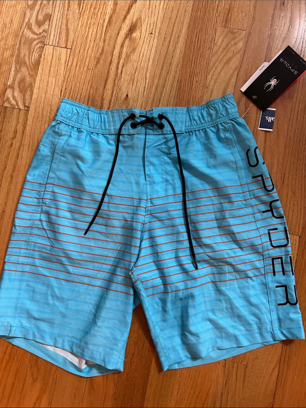 New Spyder Men's Light Blue Striped Swim Trunks S